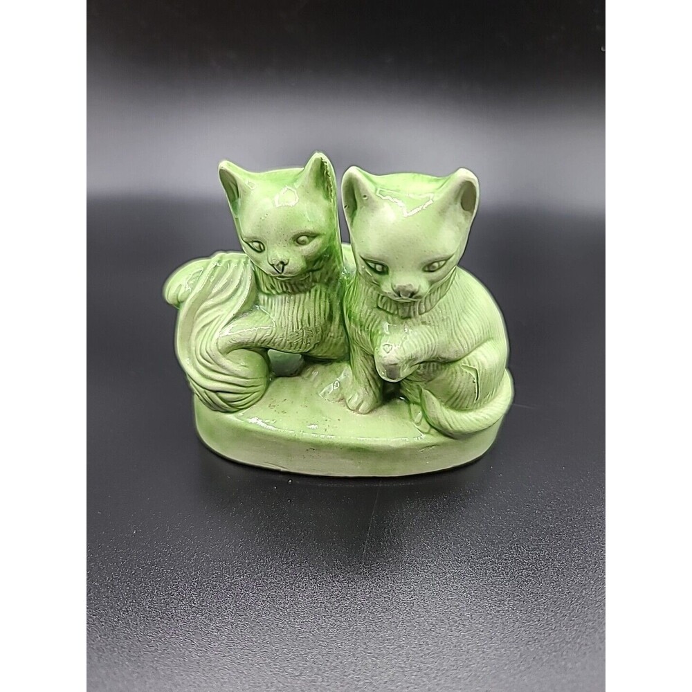 Green Kittens Cats With Yarn Figurine READ